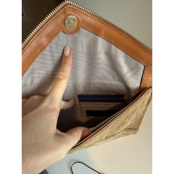 NWT Rebecca Minkoff Leo Envelope Clutch Haircalf Leather Sand Brown $145 [jb]